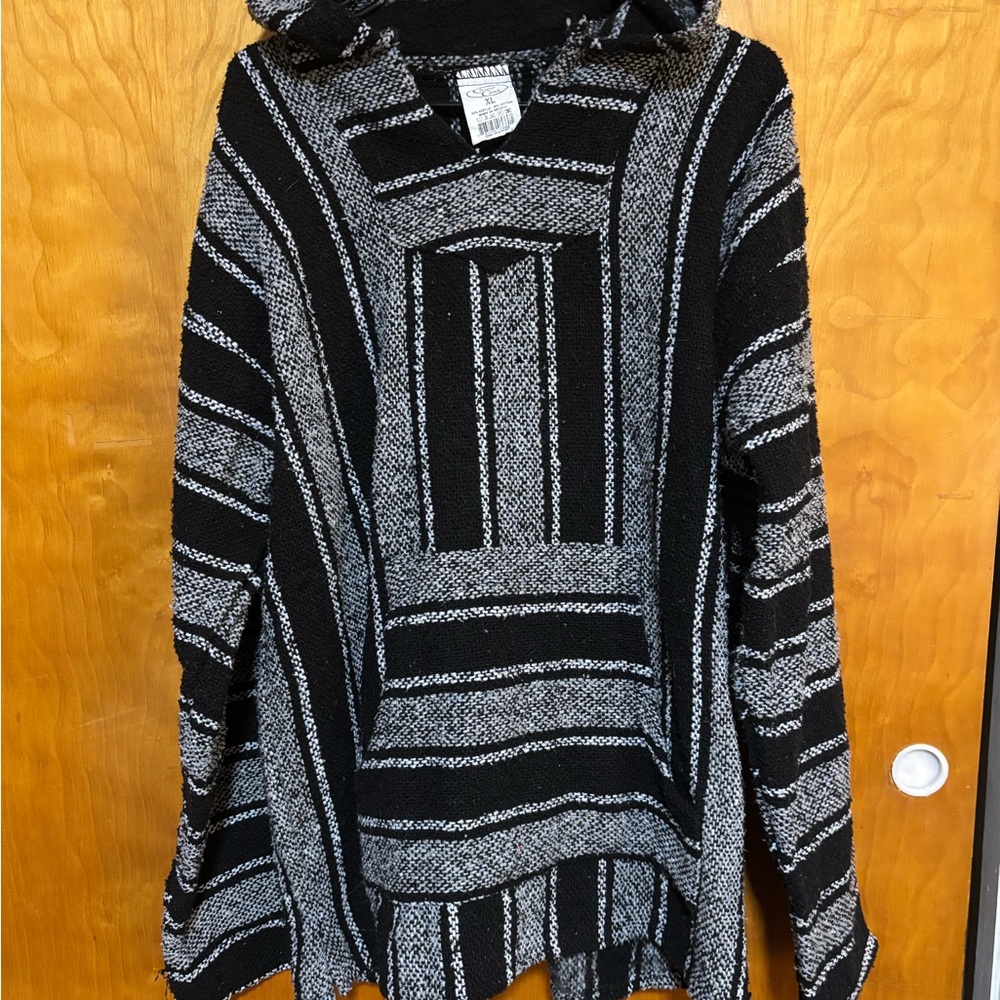 Black and Gray Hooded Baja Poncho Sweater